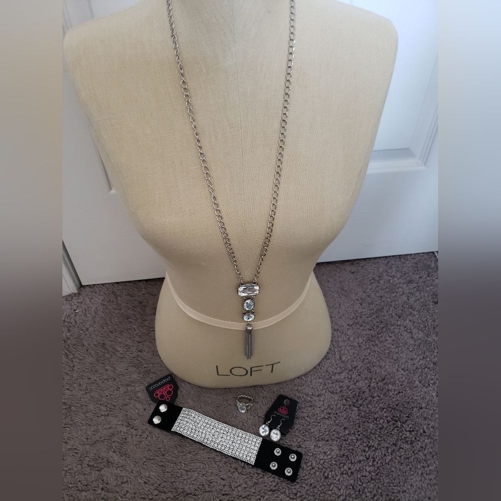 Paparazzi Silver Rhinestone Necklace Earrings  Bracelet And Ring